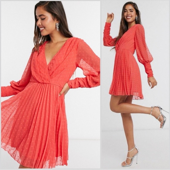 ASOS DESIGN Red Swiss Dot Pleated Mini Dress | US 8 | Wrap V Neck - Picture 3 of 7